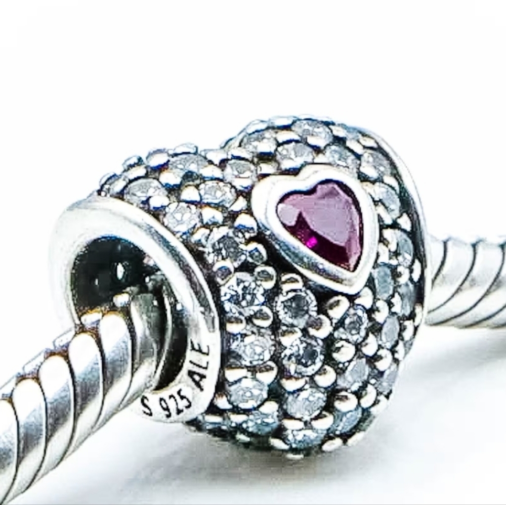 Pandora Silver Heart Charm with Red Stone